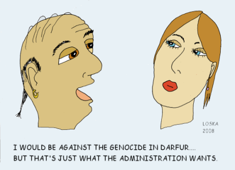 cartoon, man and woman talking about darfur